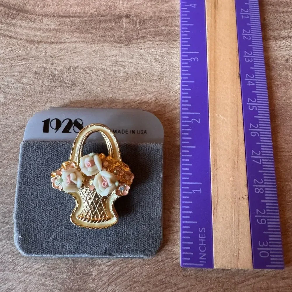 Vintage 1928 Jewelry Victorian Style Floral Basket Porcelain Roses PIN/Brooch